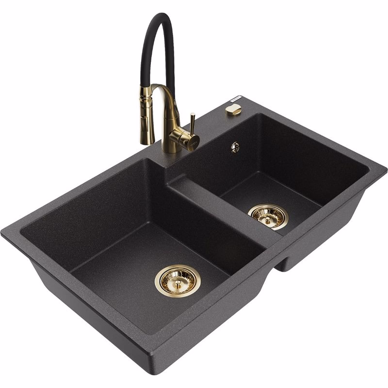 MEXEN/S MEXEN/S - Tomas granitový drez 2-bowl vrátane batérie Aster, čierna kropenatá 6516-76-73450-57-G