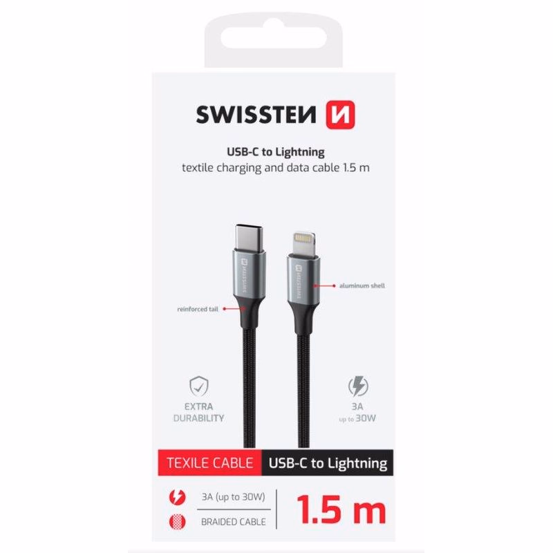 SWISSTEN DÁTOVÝ KÁBEL TEXTILE II USB-C / LIGHTNING 1,5 M ČIERNY