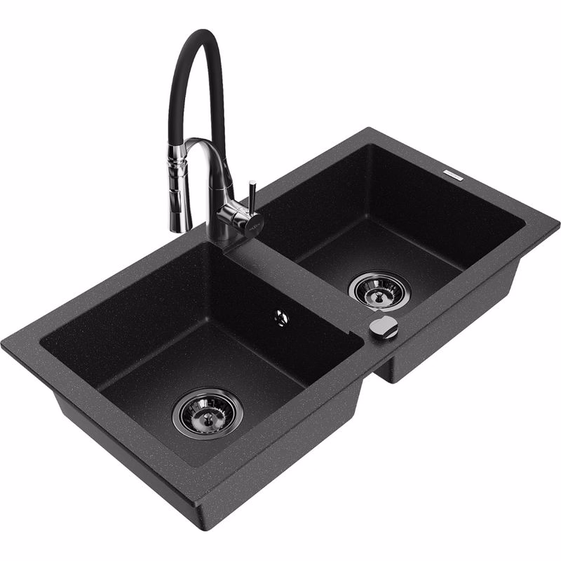 MEXEN/S MEXEN/S - Mario granitový drez 2-bowl vrátane batérie Aster, čierna/strieborná metalík 6504-73-73450-07-B