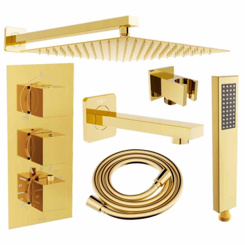 MEXEN/S - Cube DR02 podomietkový vaňový SET s vytokovou hubicou + slim sprcha 25, zlatý 77503DR0225-50
