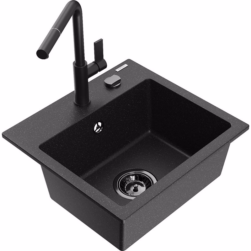 MEXEN/S MEXEN/S - Milo granitový drez 1-miska vrátane batérie Flora, čierna/strieborná metalík 6505-73-670401-70-B