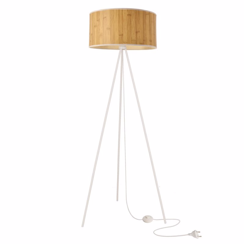 Stojaca lampa RAFFI biela E27 1x40W s borovicovým tienidlom, škandinávsky štýl, ekologická prírodná, do obývačky, spálne, pracovne, stojace osvetlenie
