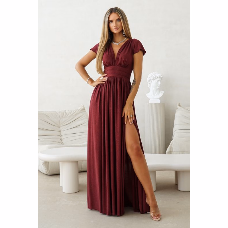 Warsaw Dress Purpurové trblietavé šaty s rozparkom Veľkosť: XXXL