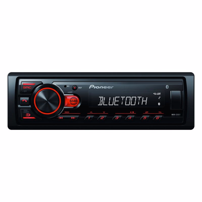 Pioneer MVH-230 autorádio s USB a Bluetooth s integrovaným mikrofónom červené