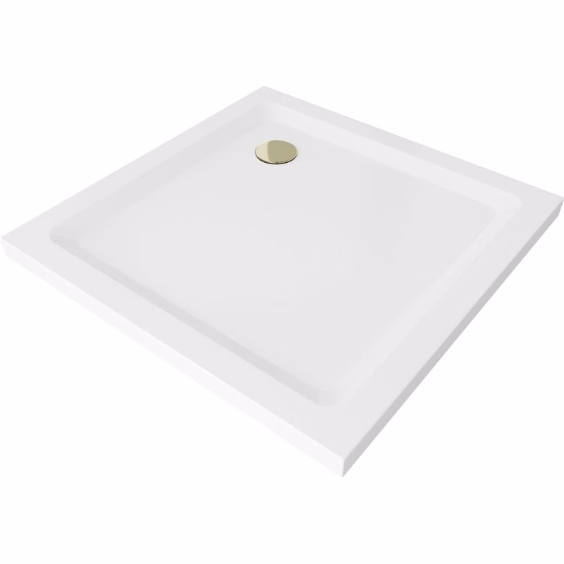 MEXEN/S - Flat sprchová vanička štvorcová slim 70 x 70, biela + zlatý sifón 40107070G
