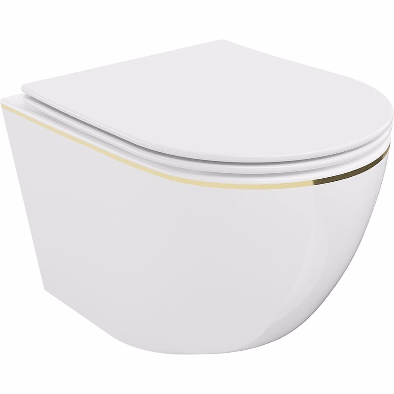MEXEN - Lena Závesná WC misa vrátane sedátka s slow-slim, duroplast, biela/zlatá linka 30224005