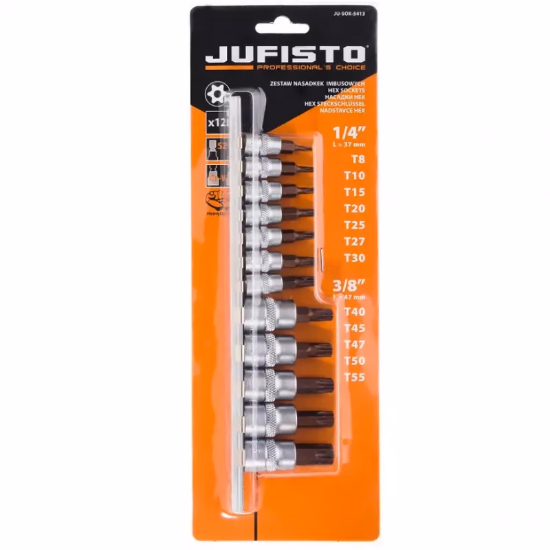 Kľúče násadkové s otvorom, Torx, 1/4˝, 35 mm TT 8/10/15/20/25/27/30, 3/8˝, 50 mm TT 40/45/47/50/55, sada 12 ks, Jufisto