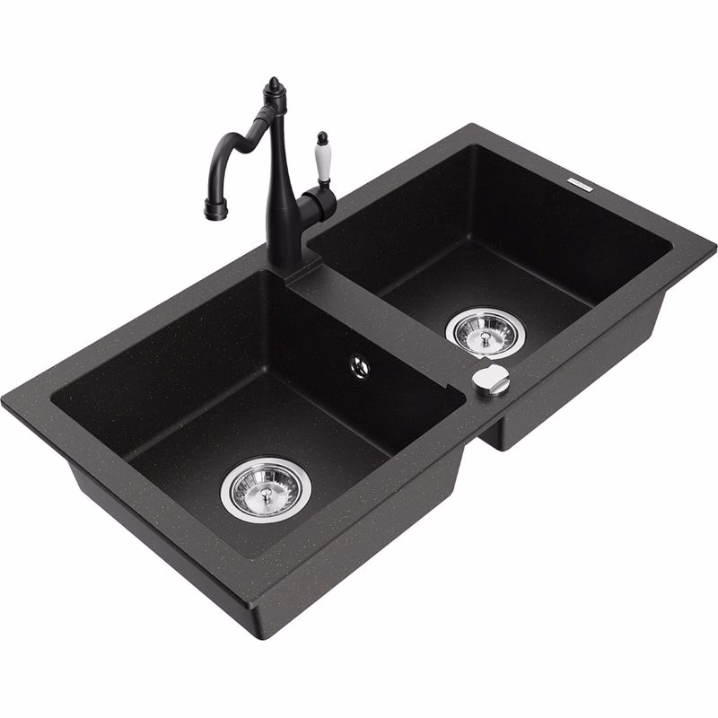 MEXEN/S MEXEN/S - Mario granitový drez 2-bowl vrátane batérie Carla, čierna/zlatá metalik 6504-75-670700-70
