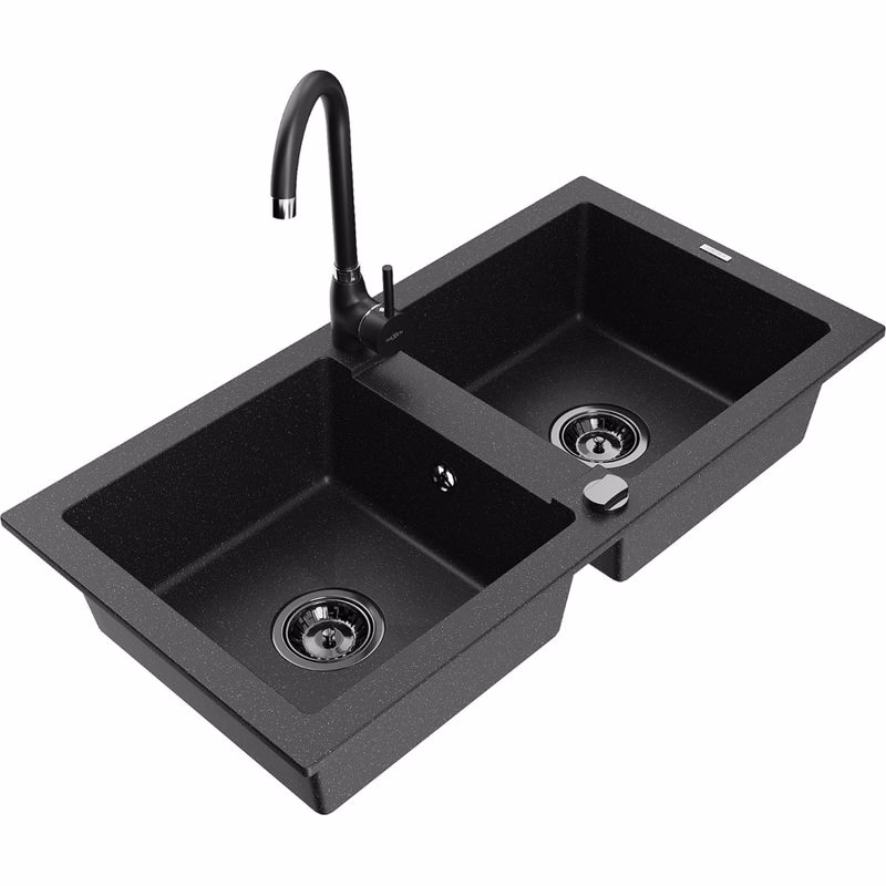 MEXEN/S MEXEN/S - Mario granitový drez 2-bowl vrátane batérie Telma, čierna/strieborná 6504-73-670200-70-B