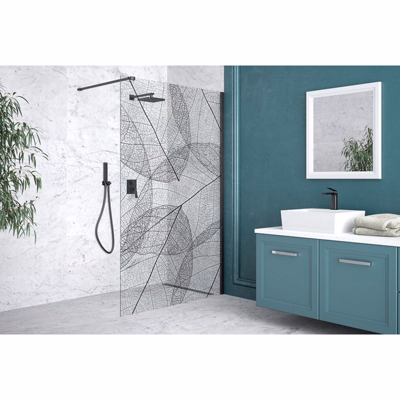 BESCO - Walk-in sprchovací kút Leaf - Farba rámu zásteny - Hliník čierny, Rozmer A - 110, Rozmer C - 200, Smer zatváranie - Univerzálny Ľavé / Pravé, Výplň - Maľované bezpečnostné sklo - 8 mm BCLEAFY110