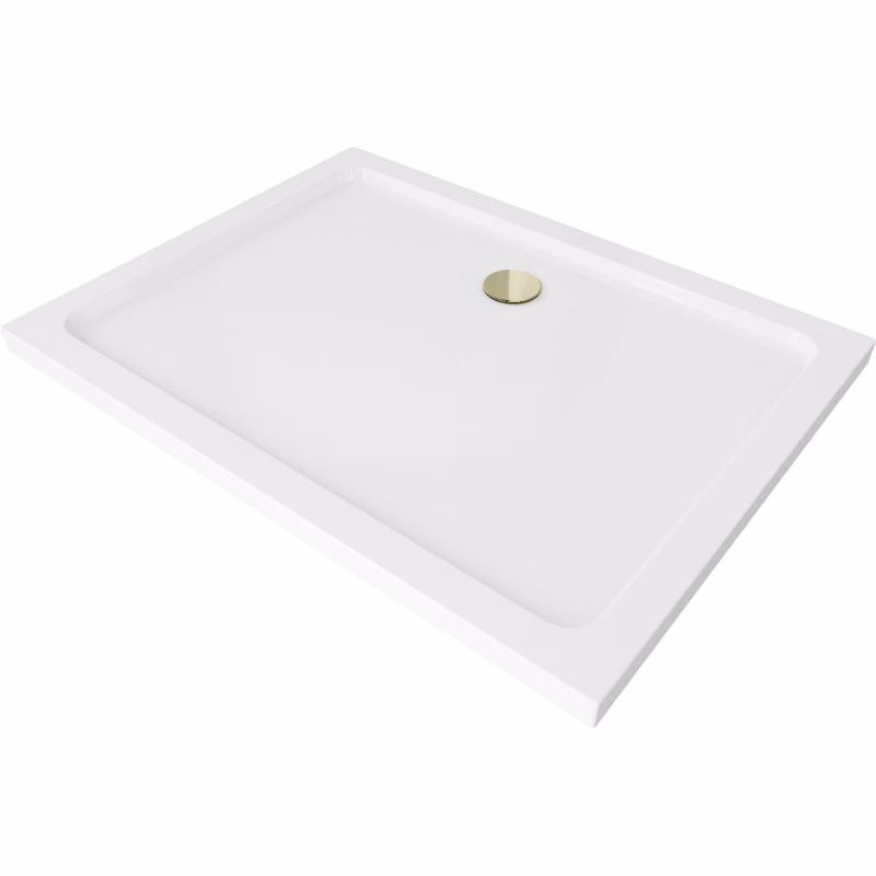 MEXEN/S - Flat sprchová vanička obdĺžniková slim 140 x 100, biela + zlatý sifón 40101014G