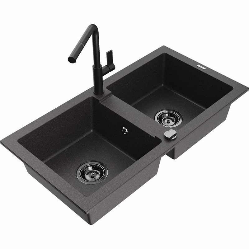 MEXEN/S MEXEN/S - Mario granitový drez 2-bowl vrátane batérie Flora, čierna kropenatá 6504-76-670401-70-B