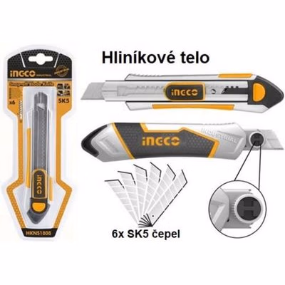 INGCO Nôž s tlačítkom, lámací, 18mm, ALU, INGCO, 6x čepeľ