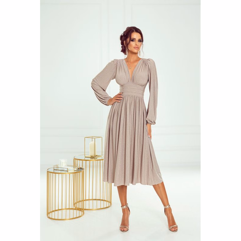 Warsaw Dress Béžové trblietavé midi šaty s dlhými rukávmi Veľkosť: XXXL