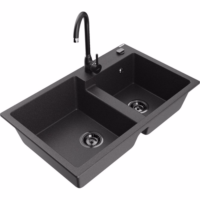 MEXEN/S MEXEN/S - Tomas granitový drez 2-bowl vrátane batérie Telma, čierna kropenatá 6516-76-670200-70-B