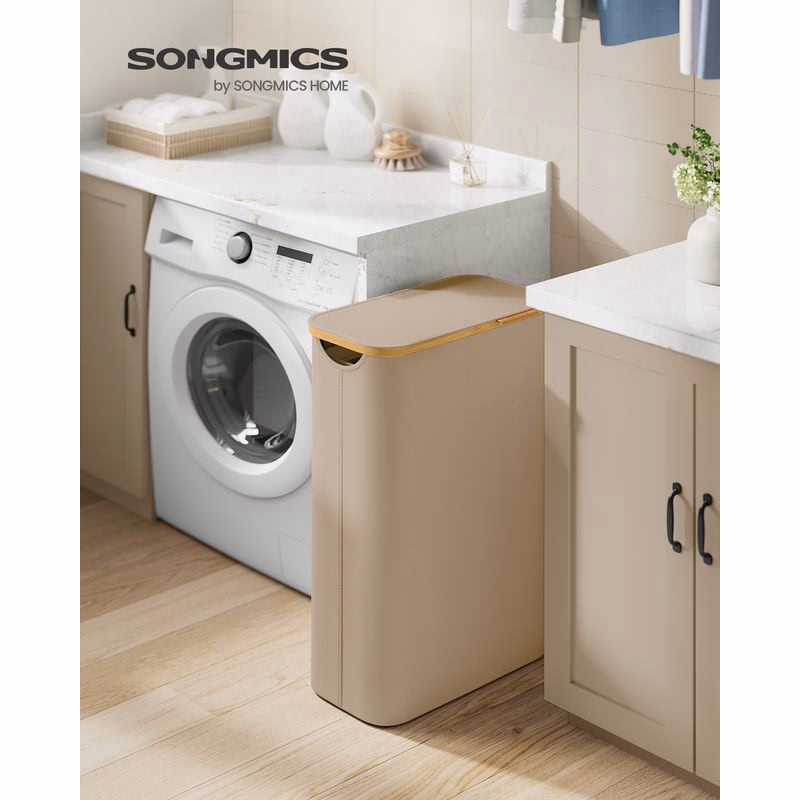 SONGMICS Skladací koš na bielizeň s vekom, oxfordská tkanina, 65 l, vyberateľná vložka, 42 x 71 x 23 cm, hnedá
