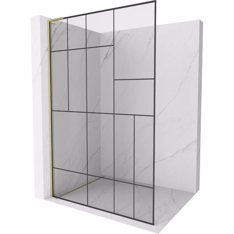 MEXEN/S - Kioto L Sprchová zástena WALK-IN 90 x 200, čierny vzor, zlato kartáčovaná 800-090-103-55-78