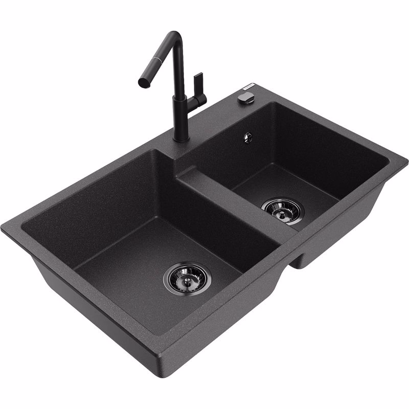 MEXEN/S MEXEN/S - Tomas granitový drez 2-bowl vrátane batérie Flora, čierna kropenatá 6516-76-670401-70-B