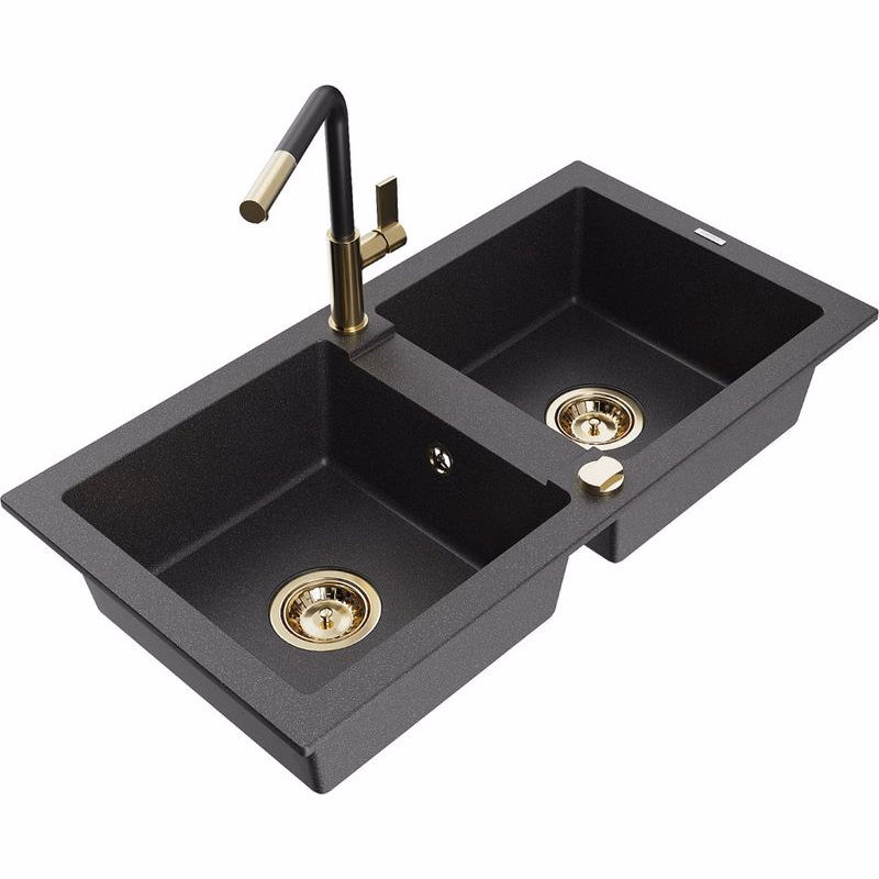 MEXEN/S MEXEN/S - Mario granitový drez 2-bowl vrátane batérie Flora, čierna kropenatá 6504-76-670401-57-G