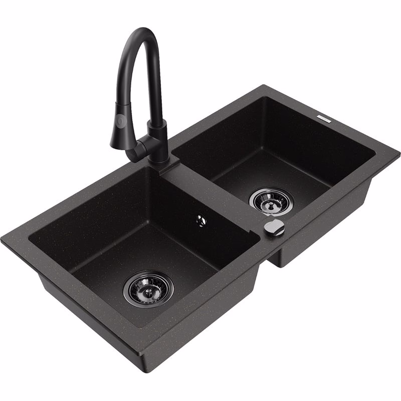 MEXEN/S MEXEN/S - Mario granitový drez 2-bowl vrátane batérie Elia, čierna/zlatá metalik 6504-75-670101-70-B