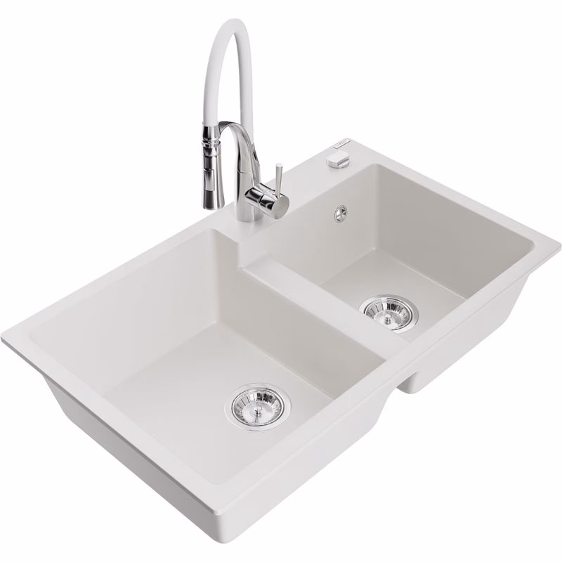 MEXEN/S MEXEN/S - Tomas granitový drez 2-bowl vrátane batérie Aster, biela 6516-20-73450-02