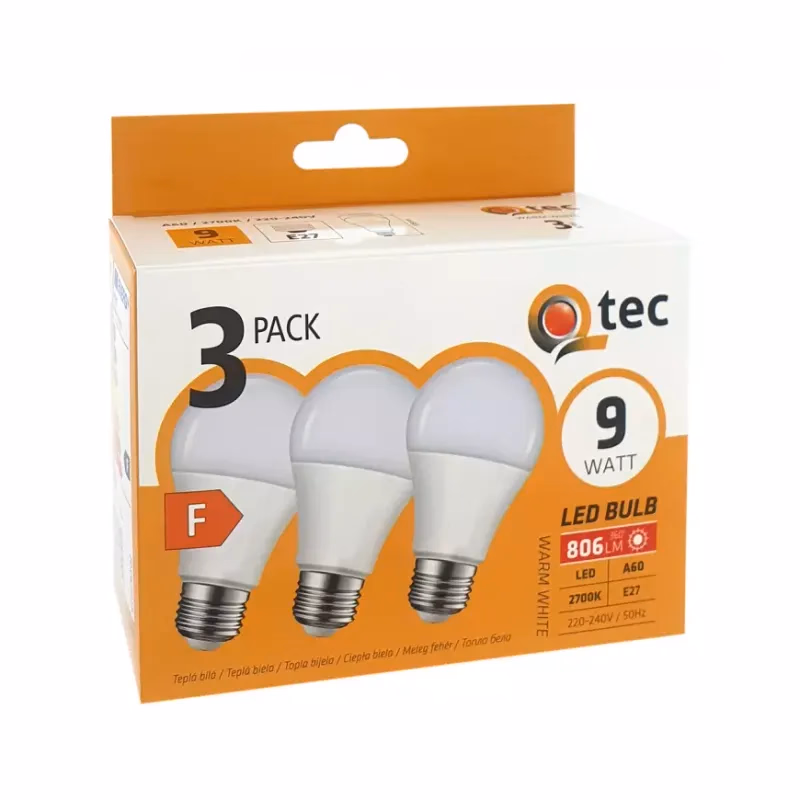 Žiarovka LED QTEC 9W A60 E27 2700K 3PACK