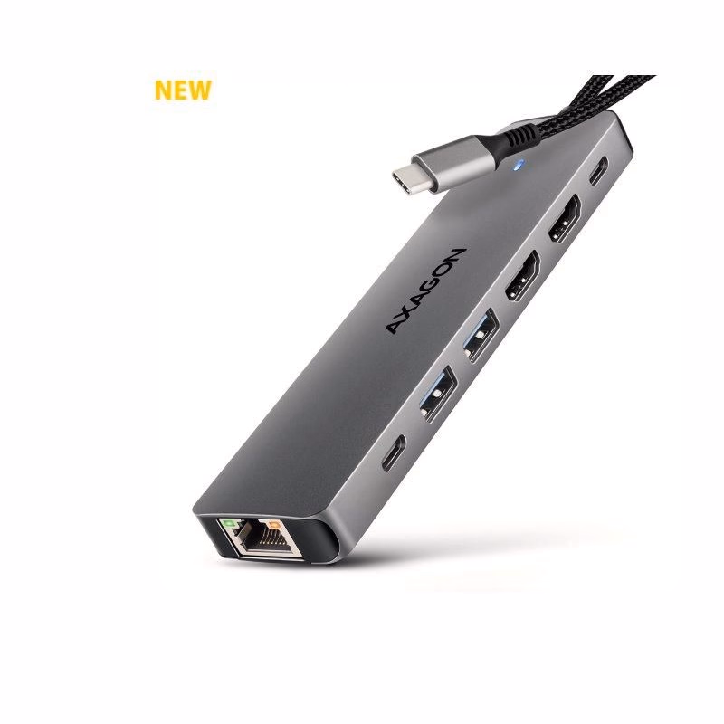 AXAGON HMC-7HX2, USB 5Gbps húb, 2x USB-A, USB-C, 2x HDMI 4k/60Hz, RJ-45 GLAN, PD 100W, kábel USB-C 15cm