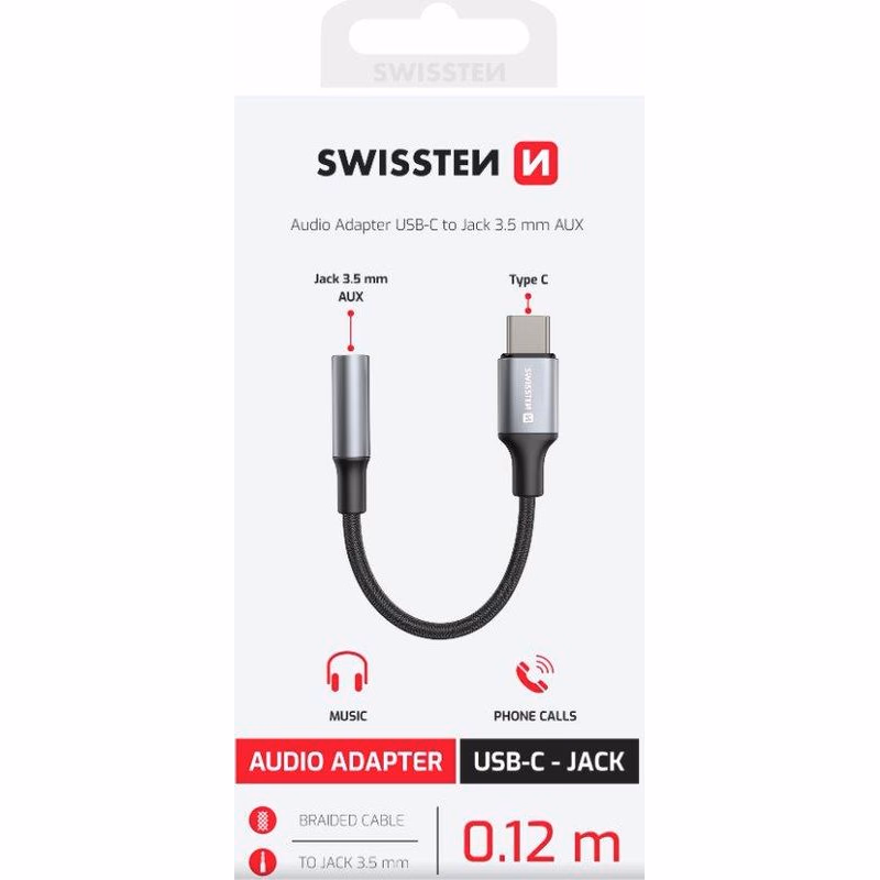 SWISSTEN AUDIO ADAPTÉR TEXTILE USB-C (samec) / 3,5 mm AUX 0,15 M ČIERNY (nahrádza 73501301)