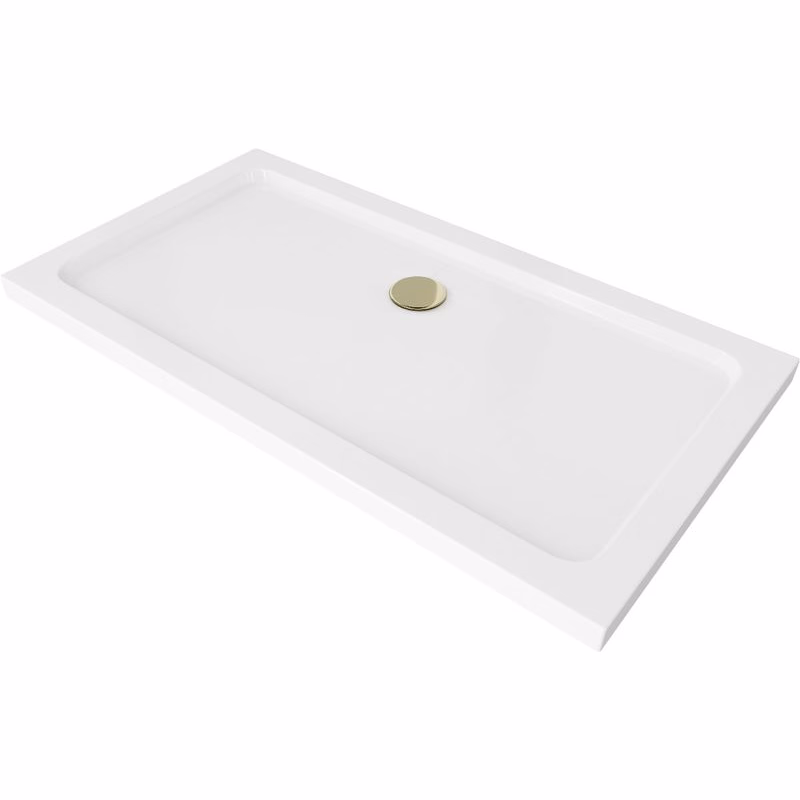 MEXEN/S - Flat sprchová vanička obdĺžniková slim 130 x 70, biela + zlatý sifón 40107013G