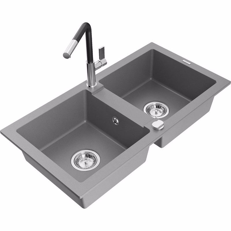 MEXEN/S MEXEN/S - Mario granitový drez 2-bowl vrátane batérie Flora, šedá 6504-71-670401-07