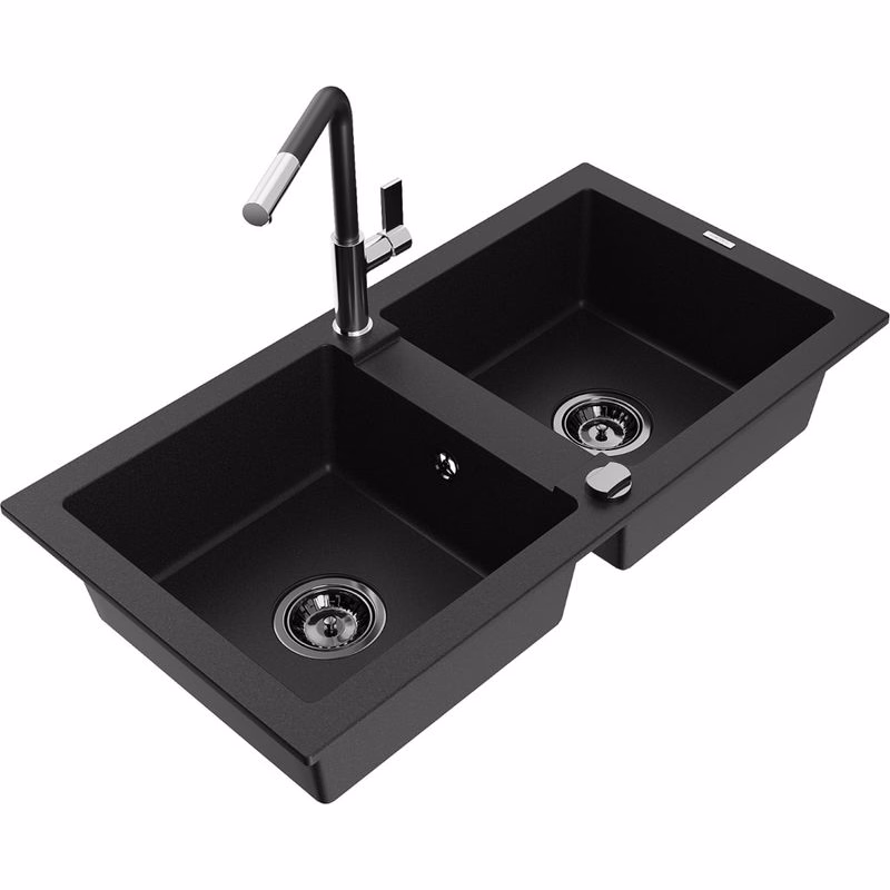 MEXEN/S MEXEN/S - Mario granitový drez 2-bowl vrátane batérie Flora, čierna 6504-77-670401-07-B