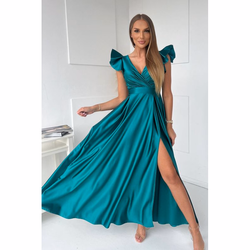 For You Fashion Zelené lesklé šaty s volánikovými rukávmi Veľkosť: XL
