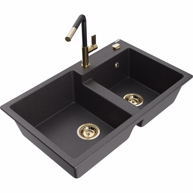 MEXEN/S MEXEN/S - Tomas granitový drez 2-bowl vrátane batérie Flora, čierna kropenatá 6516-76-670401-57-G