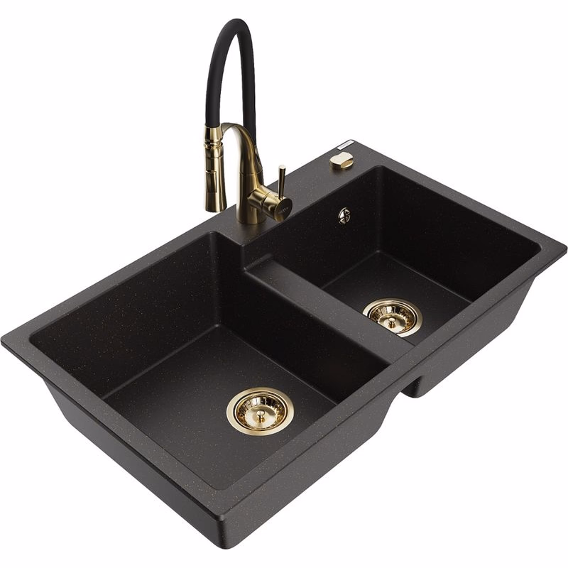 MEXEN/S MEXEN/S - Tomas granitový drez 2-bowl vrátane batérie Aster, čierna/zlatá metalik 6516-75-73450-57-G