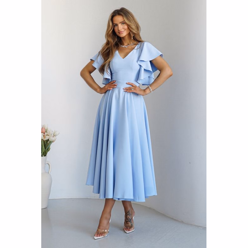 Warsaw Dress Svetlomodré midi šaty s volánovými rukávmi Veľkosť: XS