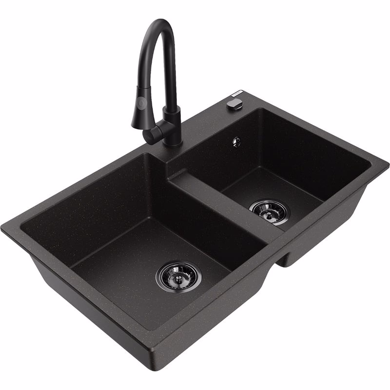 MEXEN/S MEXEN/S - Tomas granitový drez 2-bowl vrátane batérie Elia, čierna/zlatá metalik 6516-75-670101-70-B