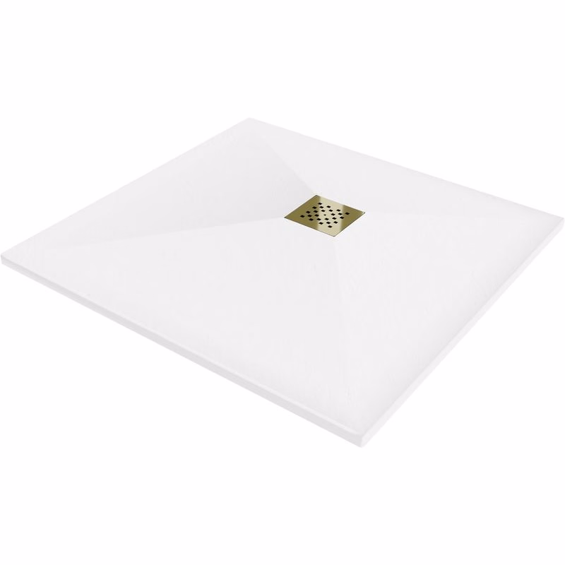 MEXEN/S - Stone+ štvorcová sprchová vanička 100 x 100, biela, mriežka zlatá 44101010-G
