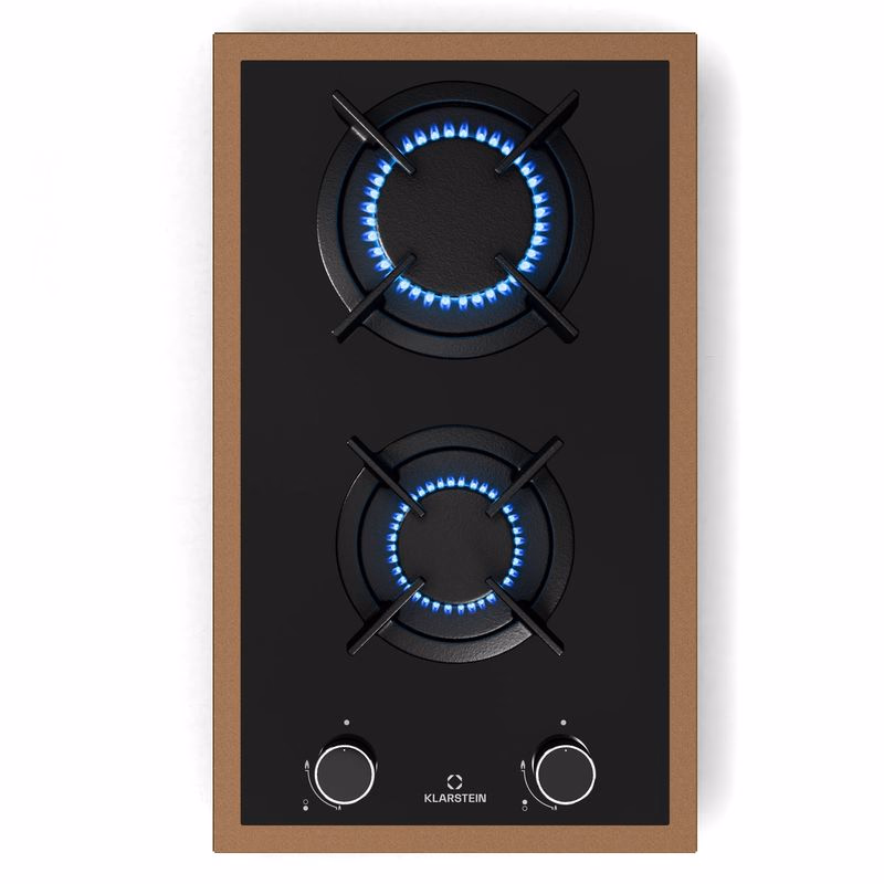 Klarstein Lumiflame plynová varná doska, 2 horáky, medený rám, elektrické zapaľovanie, výkon 4,2 kW