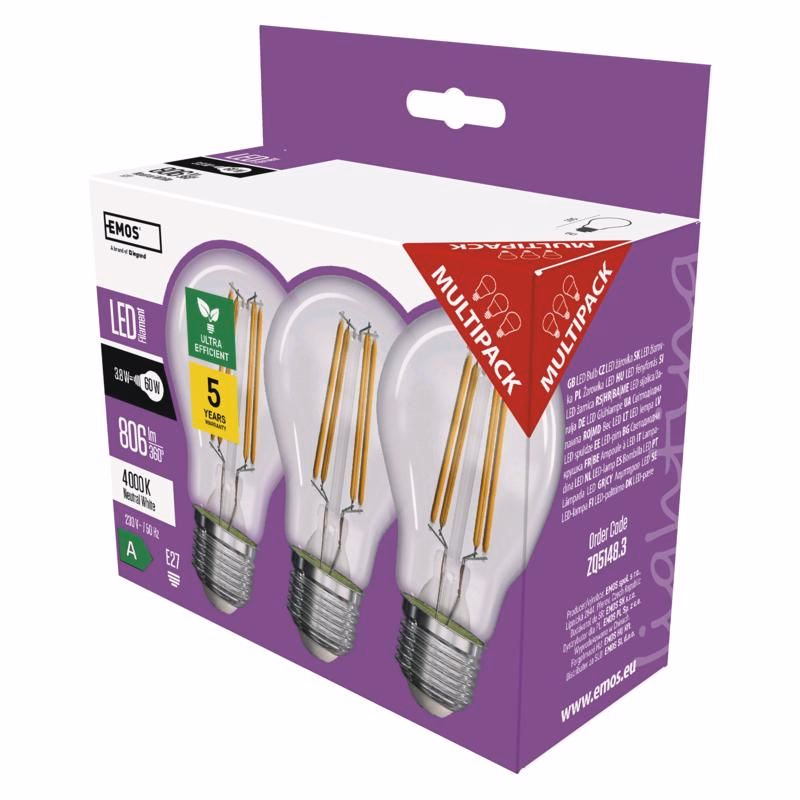 LED žiarovka A60/E27/3,8W/60W/806lm/neutrálna biela,3ks