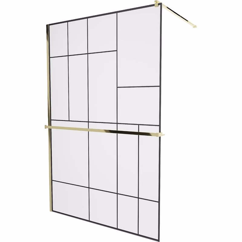 MEXEN/S - KIOTO Sprchová zástena WALK-IN s poličkou a držiakom uterákov 80 x 200, transparent/čierna 8 mm, zlatá 800-080-121-50-78
