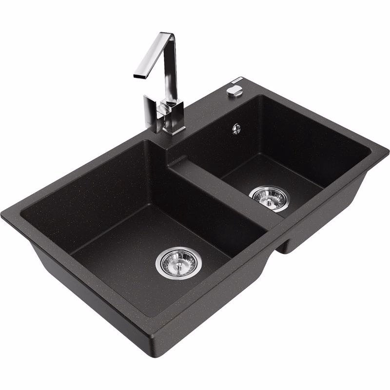 MEXEN/S MEXEN/S - Tomas granitový drez 2-bowl vrátane batérie Rita, čierna/zlatá metalik 6516-75-670300-00