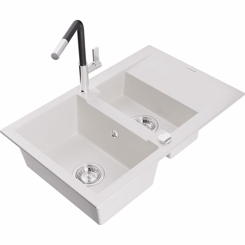 MEXEN/S MEXEN/S - Gaspar granitový drez 1.5 s odkvapkávačom vrátane batérie Flora, biela 6507-20-670401-07