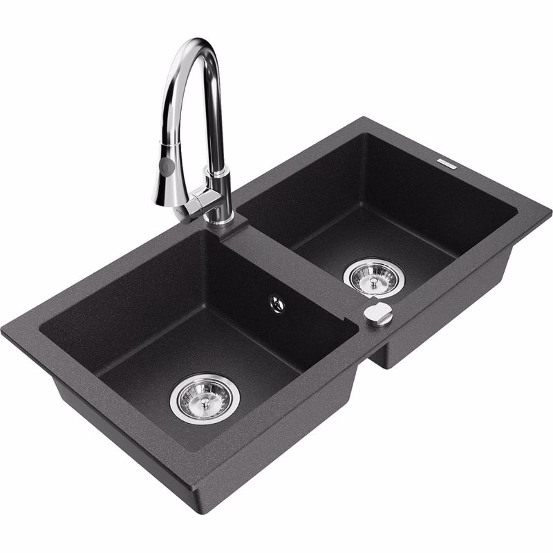 MEXEN/S MEXEN/S - Mario granitový drez 2-bowl vrátane batérie Elia, čierna kropenatá 6504-76-670101-00