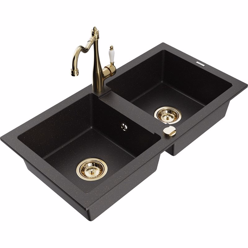 MEXEN/S MEXEN/S - Mario granitový drez 2-bowl vrátane batérie Carla, čierna/zlatá metalik 6504-75-670700-50