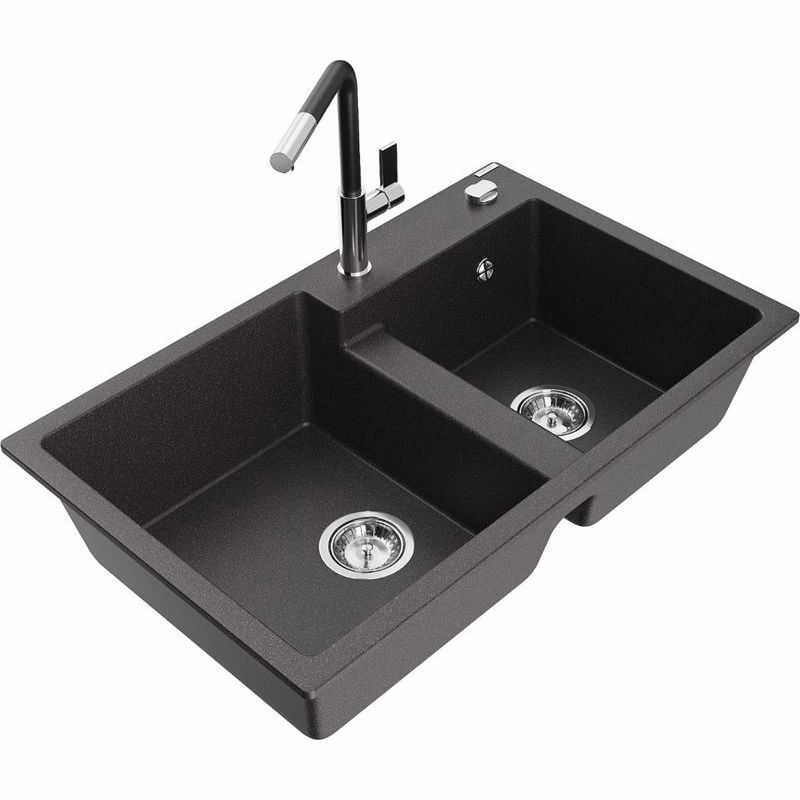 MEXEN/S MEXEN/S - Tomas granitový drez 2-bowl vrátane batérie Flora, čierna kropenatá 6516-76-670401-07