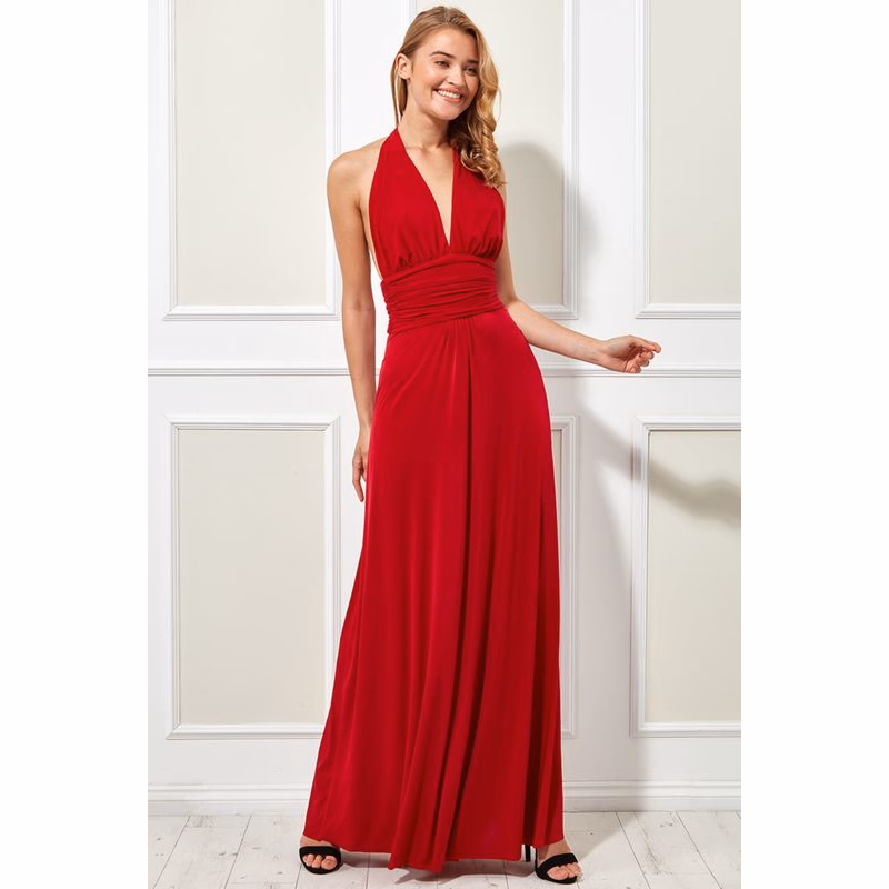 Červené spoločenské šaty s viazaním okolo krku Veľkosť: L