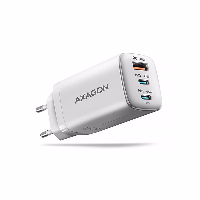 AXAGON ACU-DPQ65W, GaN nabíjačka do siete 65W, 3x port (USB-A + dual USB-C), PD3.0/QC4+/PPS/Apple, biela
