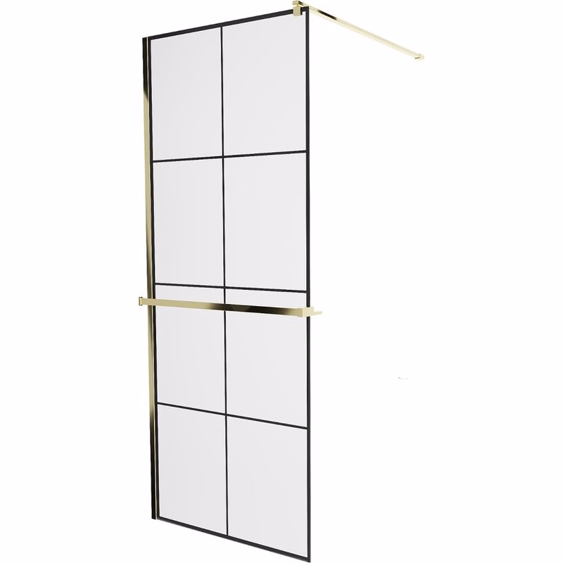 MEXEN/S - KIOTO Sprchová zástena WALK-IN s poličkou a držiakom uterákov 90 x 200, transparent/čierna 8 mm, zlatá 800-090-121-50-77