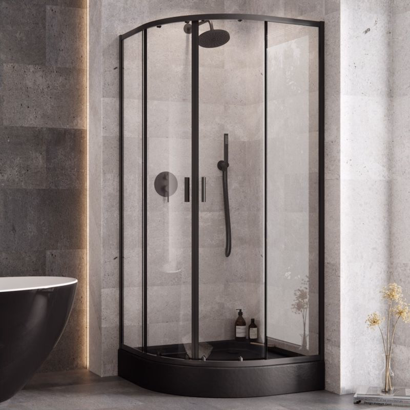 BESCO - Set kút ZARYA BLACK + vanička ALEX STONE EFFECT - FARBA rámu - Čierna, Rozmer A - 80 cm, Rozmer B - 80 cm, Výplň - Číre bezpečnostné sklo - 5 mm OLBZAAL80B